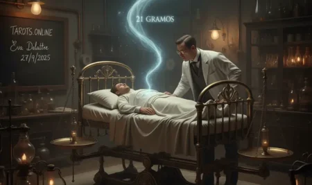 El experimento 21 gramos: desvela el secreto oculto del alma Ilustración de un alma etérea en una balanza antigua, representando el experimento sobre cuánto pesa el alma.