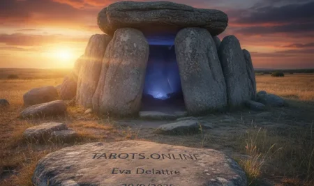 La tumba megalítica de España revela sus profundos secretos Ilustración de un dolmen prehistórico en España, representando una tumba megalítica y sus misterios ancestrales.