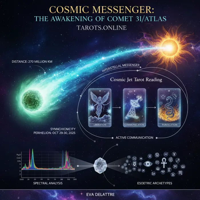 Cometa 3I/ATLAS despierta y envía chorro al sol en octubre 2025 Infografía del cometa interestelar 3I/ATLAS y su mensaje para Octubre 2025, mostrando el 'jet' y una lectura de tarot.