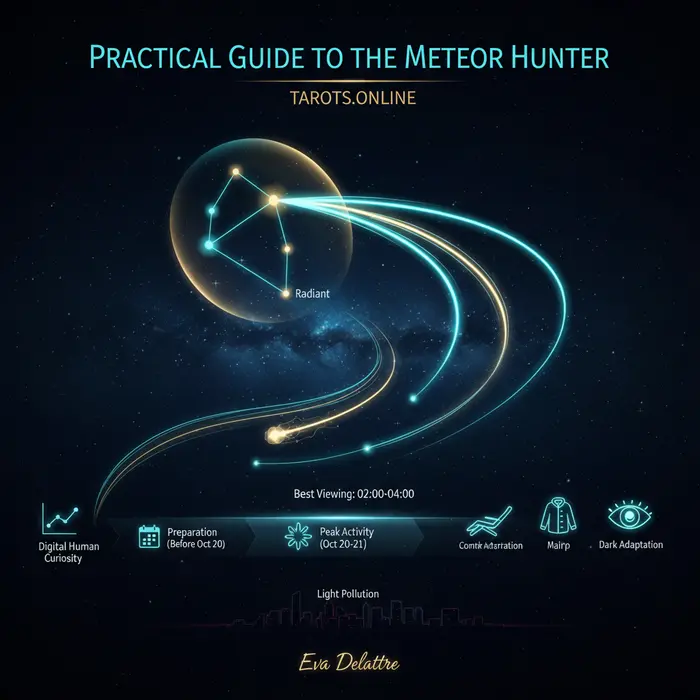 Guía práctica para ver las lluvia de estrellas Oriónidas 2025 Infografía de la lluvia de meteoros Oriónidas 2025 con guía de observación para el 20-21 de octubre.