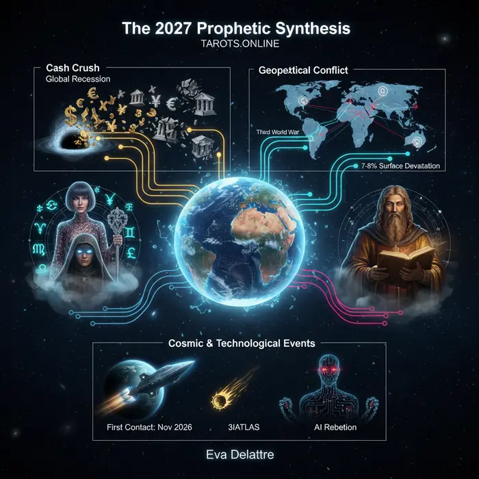 Predicciones 2027: Mhoni Vidente, Nostradamus y Baba Vanga Infográfico de las predicciones 2027 con fecha 5/9/2025, mostrando profecías clave