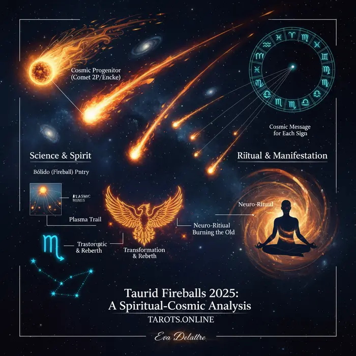 Táuridas 2025: guía espiritual de las bolas de fuego Infográfico de la lluvia de meteoros Táuridas 2025, guía espiritual y fechas clave del 5/9/2025.