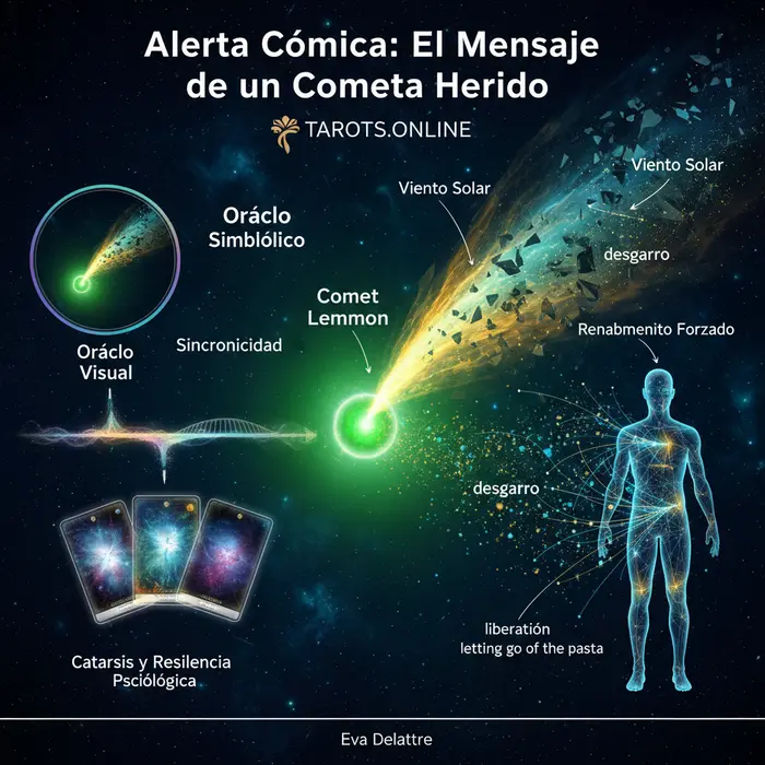 El viento solar desgarra la cola del cometa Lemmon: su mensaje espiritual Infografía del mensaje espiritual del Cometa Lemmon y el evento cósmico del 5/9/2025.