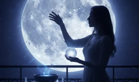 Los 3 rituales para la Noche de Observación Lunar 2025 Mujer canalizando la energía de la luna durante la Noche Internacional de Observación Lunar.