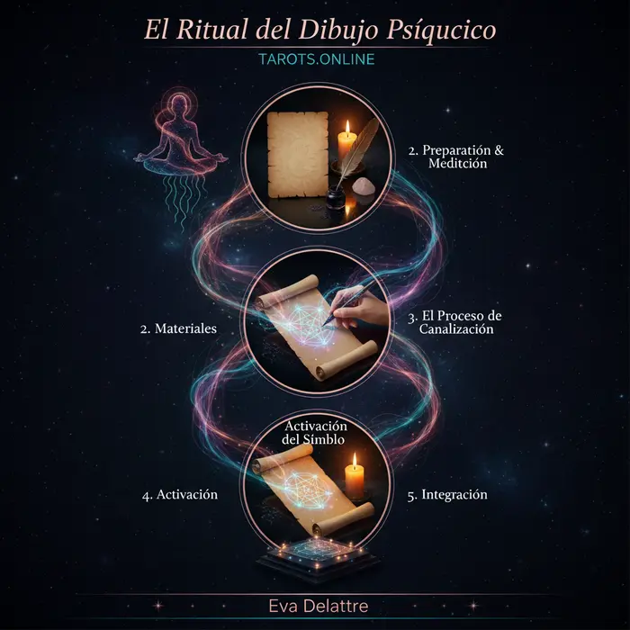 Guía del ritual del dibujo psíquico para manifestar a tu alma gemela Infografía del ritual de dibujo psíquico del 5/9/2025, mostrando los 5 pasos para manifestar a tu alma gemela.