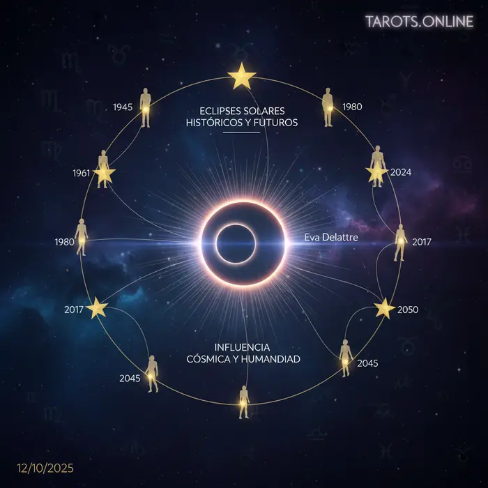 El código secreto de los eclipses y su conexión con el destino Ilustración de los ciclos de Saros astrológicos conectando eclipses con el destino de famosos.