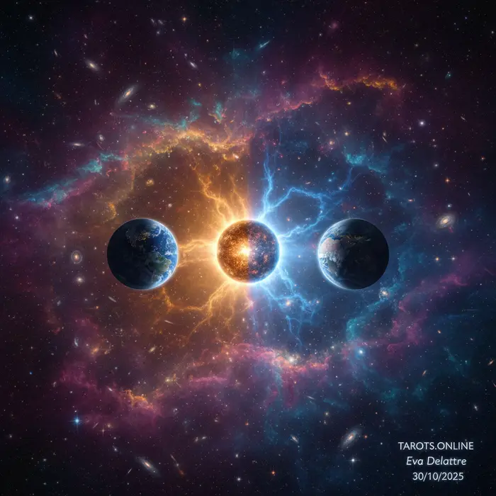 Descubren sistema planetario 'Tatooine' con 3 tierras y 2 soles Ilustración de un sistema planetario con dos soles y tres planetas, representando el significado espiritual de Tatooine.