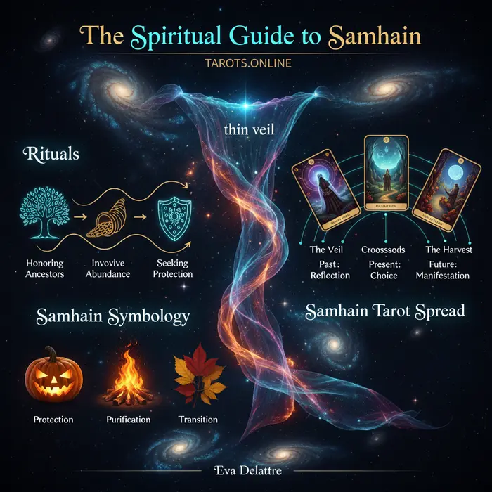 Guía Espiritual de Samhain 2025: Rituales y Significado Infográfico del significado espiritual de Samhain 2025, con rituales y simbología para el 5/9/2025.