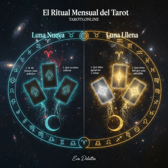 El ritual mensual de tarot para nueva y llena luna Infografía de la tirada de tarot para Luna Nueva y Luna Llena, tu ritual mensual para el 5/9/2025.