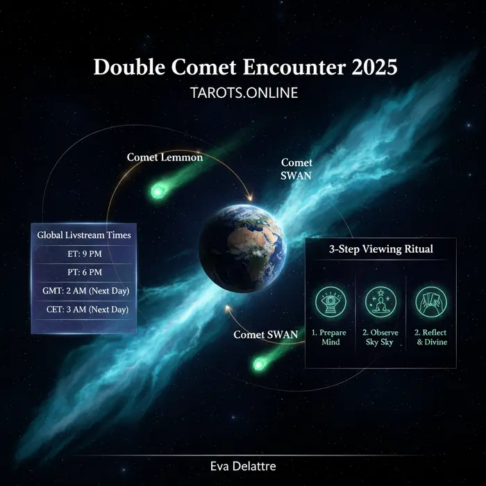 Cometas Lemmon y SWAN en vivo: ver el doble acercamiento del 24 de octubre Infográfico de los cometas Lemmon y SWAN en vivo, mostrando sus órbitas y horarios de transmisión para el 24/10/2025.