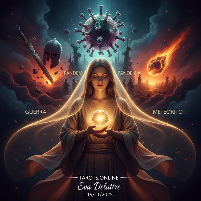 Nostradamus: 3 profecías de Apocalipsis para fin de año 2025 Ilustración del vidente Nostradamus con símbolos de guerra, pandemia y un meteorito representando sus profecías para 2025.