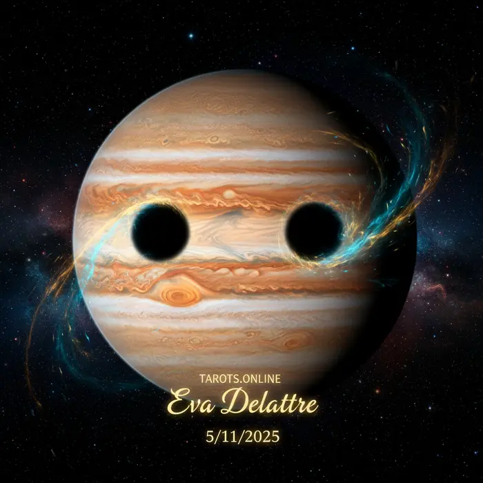 Doble eclipse en Júpiter: el portal de sombra de Io y Europa y su mensaje para hoy Ilustración artística del doble eclipse en Júpiter, mostrando las sombras de Io y Europa sobre sus nubes.