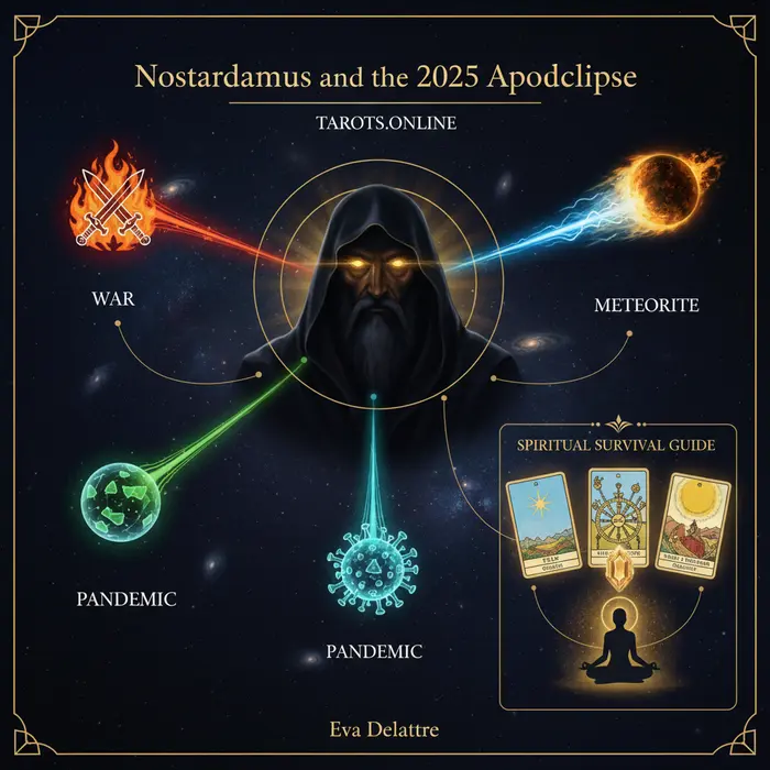 Nostradamus: 3 profecías de Apocalipsis para fin de año 2025 Infografía de las profecías de Nostradamus para 2025 y la guía espiritual, con fecha del 5/9/2025.