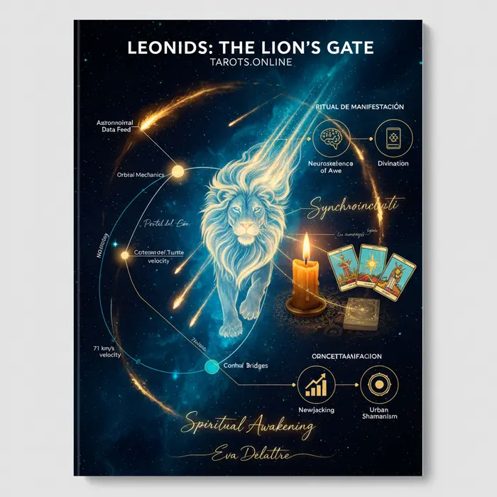 Portal del León: guía espiritual para las Leónidas 2025 Infográfico de la lluvia de meteoros leónidas 2025 con el pico del 18 de noviembre y su significado espiritual.