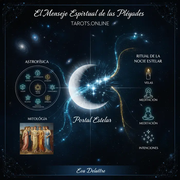 Portal Pléyades 6 Nov: Mensaje Espiritual para tu Signo Infográfico de la conjunción Luna Pléyades del 6 de noviembre de 2025, mostrando el portal estelar y su significado.