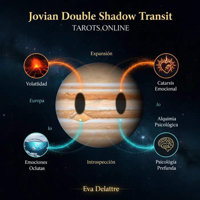 Doble eclipse en Júpiter: el portal de sombra de Io y Europa y su mensaje para hoy Infográfico del doble eclipse en Júpiter del 5/11/2025, detallando el tránsito de sombras joviano de Io y Europa.