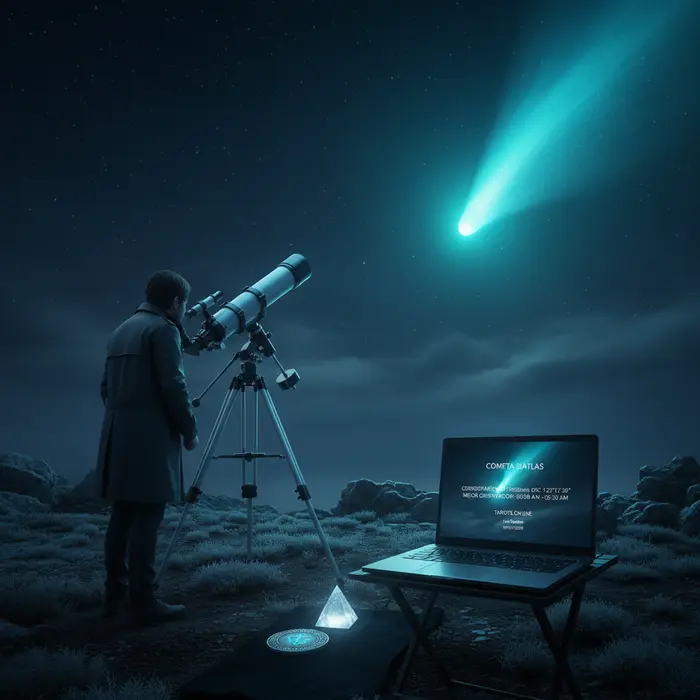 Guía en vivo para ver el cometa 3I/ATLAS el 19 de noviembre Ilustración del cometa 3I/ATLAS viajando por el cosmos, destacando su significado espiritual.