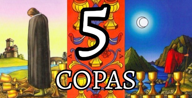 Distintas representaciones del 5 de Copas en varias barajas de Tarot.