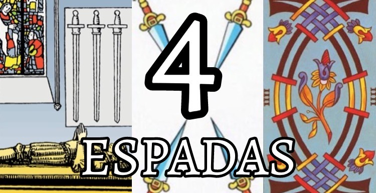 Representación del 4 de Espadas en el Tarot de Rider Waite, en la Baraja Española y en el Tarot de Marsella, tres de los tacos más utilizados.