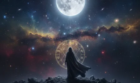 Ilustración de la Luna aislada en una carta astral, representando el Kemadruma Dosha y sus efectos en la astrología.