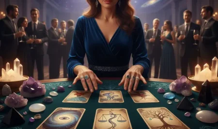 Lectura de tarot en un evento social de lujo con personas elegantes.
