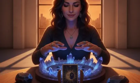 Mujer vidente canalizando la energía de un eclipse solar con cristales y amuletos protectores en un ambiente moderno.
