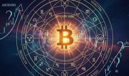 Ilustración de la astrología financiera de Bitcoin con planetas orbitando el símbolo de la criptomoneda.