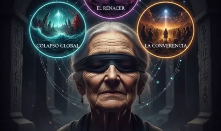 Anciana vidente ciega con esferas de energía representando las predicciones de Baba Vanga para 2025.