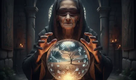 Ilustración de la vidente Baba Vanga con símbolos representando sus profecías para 2026.