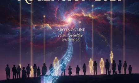 Representación esotérica del rapto cristiano con una figura ascendiendo hacia una luz cósmica, simbolizando las profecías del fin del mundo.