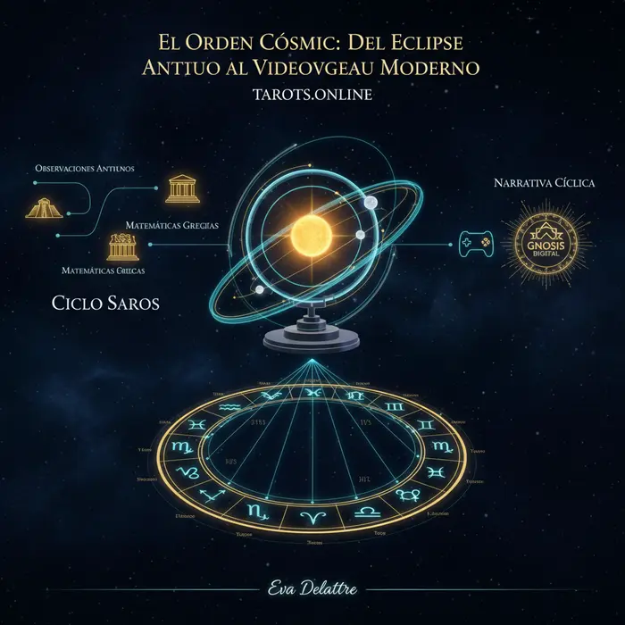 Infografía del ciclo Saros y su significado en la predicción de eclipses, inspirado en el juego de PS5. Fecha: 5/9/2025.