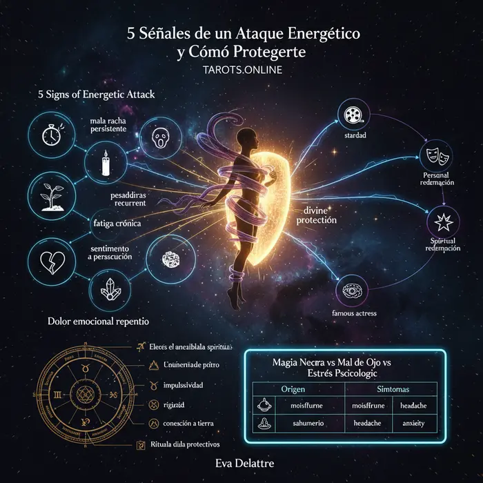 Infográfico del 5/9/2025 sobre las 5 señales de la magia negra y cómo protegerse de un ataque espiritual.