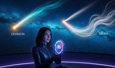 Ilustración del cometa Lemmon con su coma verde brillante, parte del evento de cometas Lemmon y SWAN en vivo.