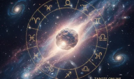 Ilustración de un telescopio apuntando al nuevo asteroide y su significado espiritual.