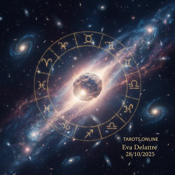 Ilustración de un telescopio apuntando al nuevo asteroide y su significado espiritual.