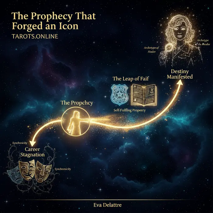 Infográfico de la profecía a Mariska Hargitay vidente, mostrando su camino al éxito en SVU - 5/9/2025.