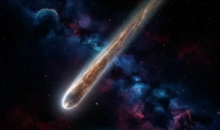 Representación artística del cometa interestelar 3I/ATLAS viajando a través del cosmos, mostrando su núcleo y su coma brillante.