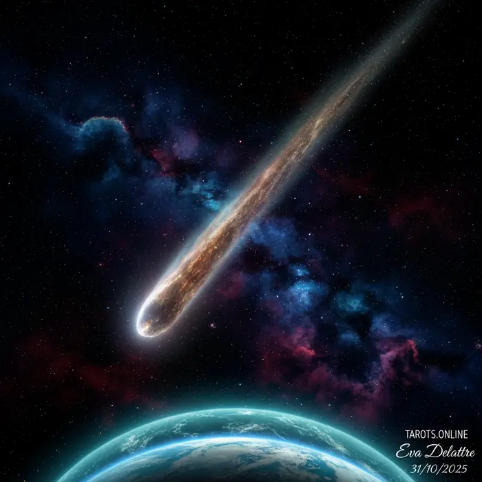 Representación artística del cometa interestelar 3I/ATLAS viajando a través del cosmos, mostrando su núcleo y su coma brillante.