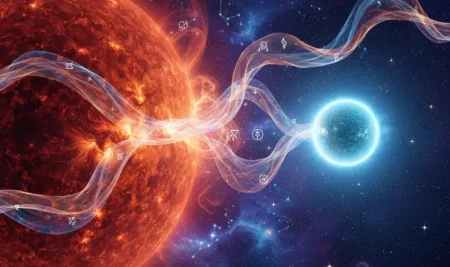 Visualización artística de la estrella Betelgeuse y su compañero secreto, simbolizando un nuevo mensaje espiritual.