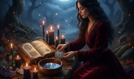 Altar de Samhain con velas y ofrendas, mostrando el significado espiritual de los rituales de Halloween.