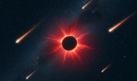 La Luna Nueva pasando frente a la estrella roja Antares, el corazón de la constelación de Escorpio.