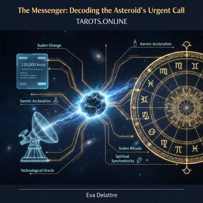 Infografía del significado espiritual del nuevo asteroide, el mensajero cósmico, con fecha del 5/9/2025.