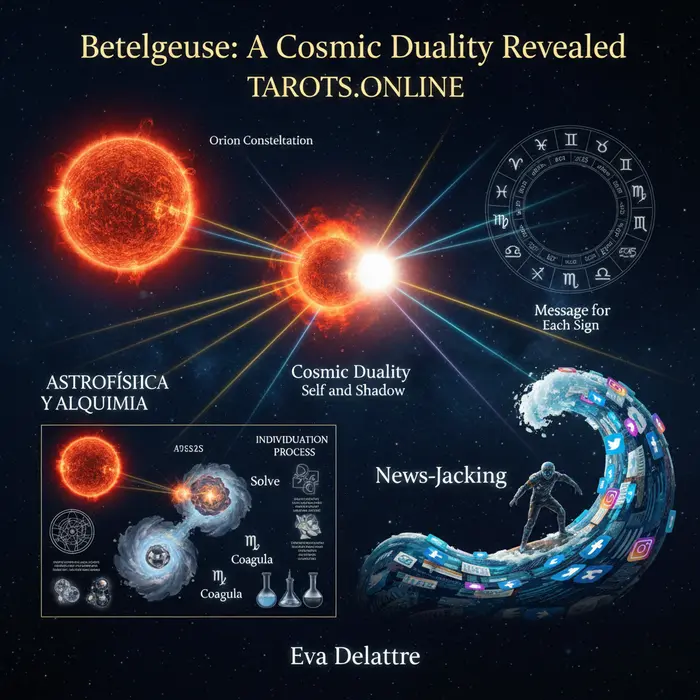 Infográfico del significado espiritual de Betelgeuse y su compañero, con fecha del 5/9/2025.