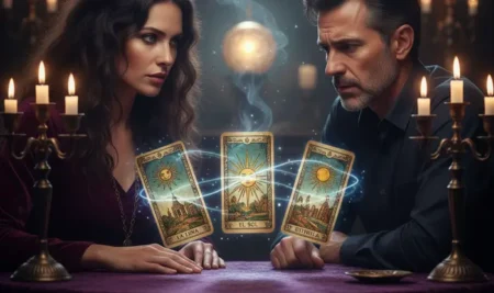 Mhoni Vidente en pose profética señalando una carta del tarot con la figura de un hombre de espaldas.