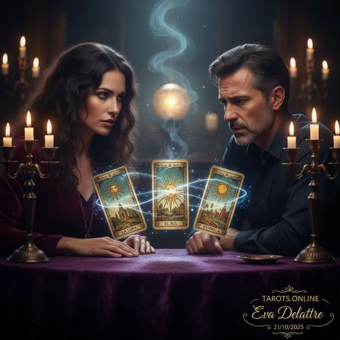 Mhoni Vidente en pose profética señalando una carta del tarot con la figura de un hombre de espaldas.