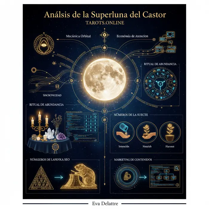 Infográfico de la Superluna del Castor, Noviembre 2025, con números de la suerte por signo.