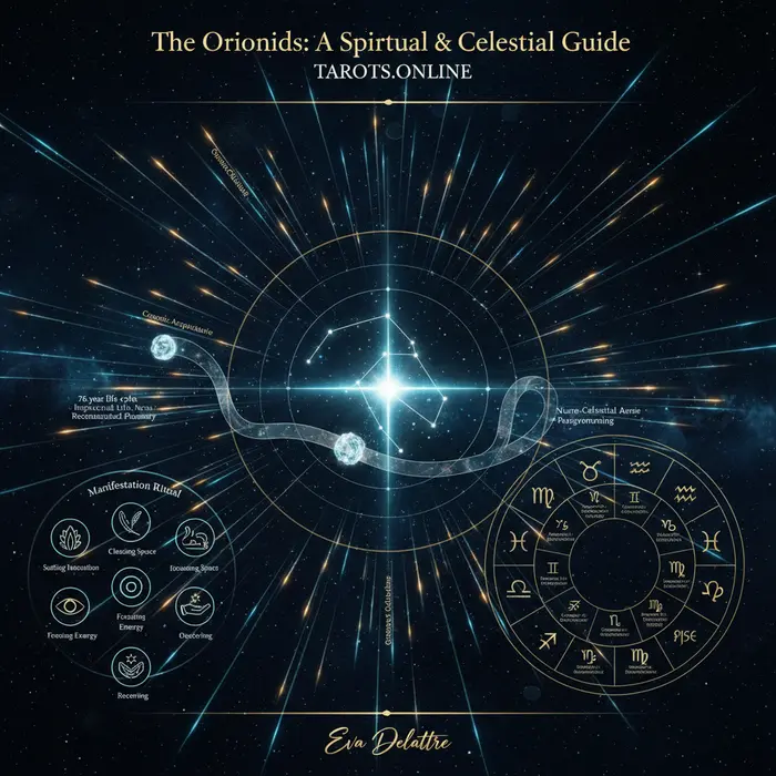 Infografía de la guía espiritual para la lluvia de meteoros Oriónidas del 21/10/2025, con el horóscopo de cada signo.