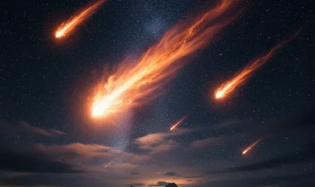 Visualización de la lluvia de meteoros Táuridas 2025 con bolas de fuego cruzando un cielo estrellado.