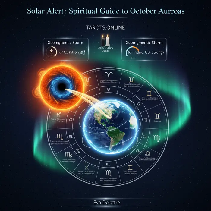 Infográfico del agujero coronal en el sol y su guía espiritual para las auroras del 18-19 de Octubre 2025.
