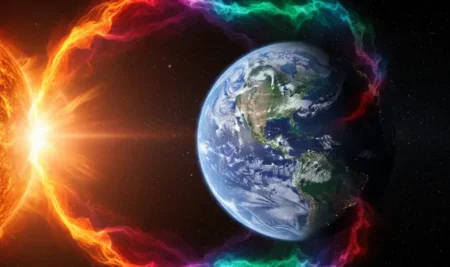 Ilustración de una erupción solar masiva dirigiéndose a la Tierra, mostrando el significado espiritual del evento.